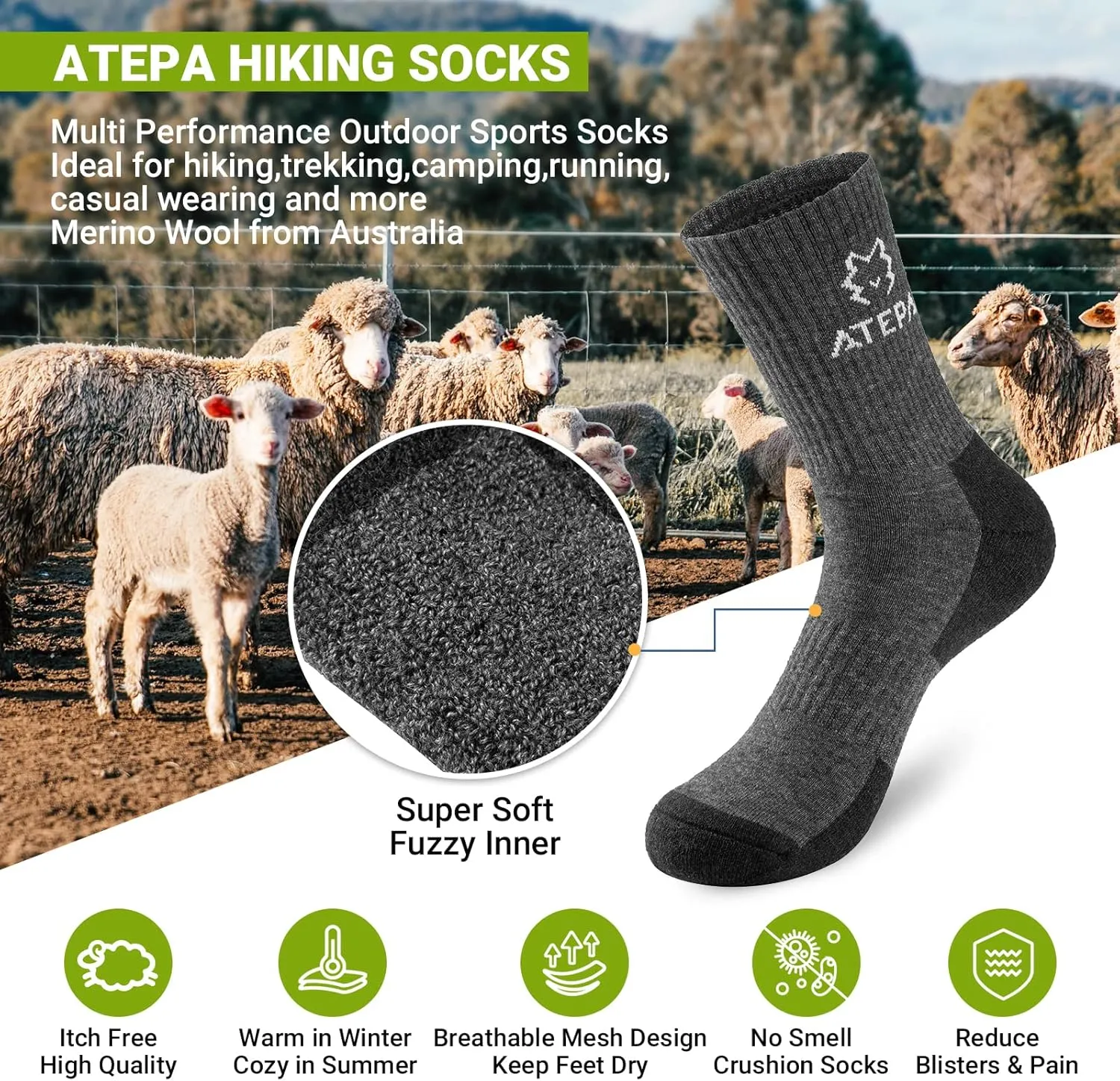 ATEPA Men's Hiking Socks Outdoor Recreation Socks Merino Wool Socks for Women Men Winter Warm Thermal Socks 1/3/6 Pairs