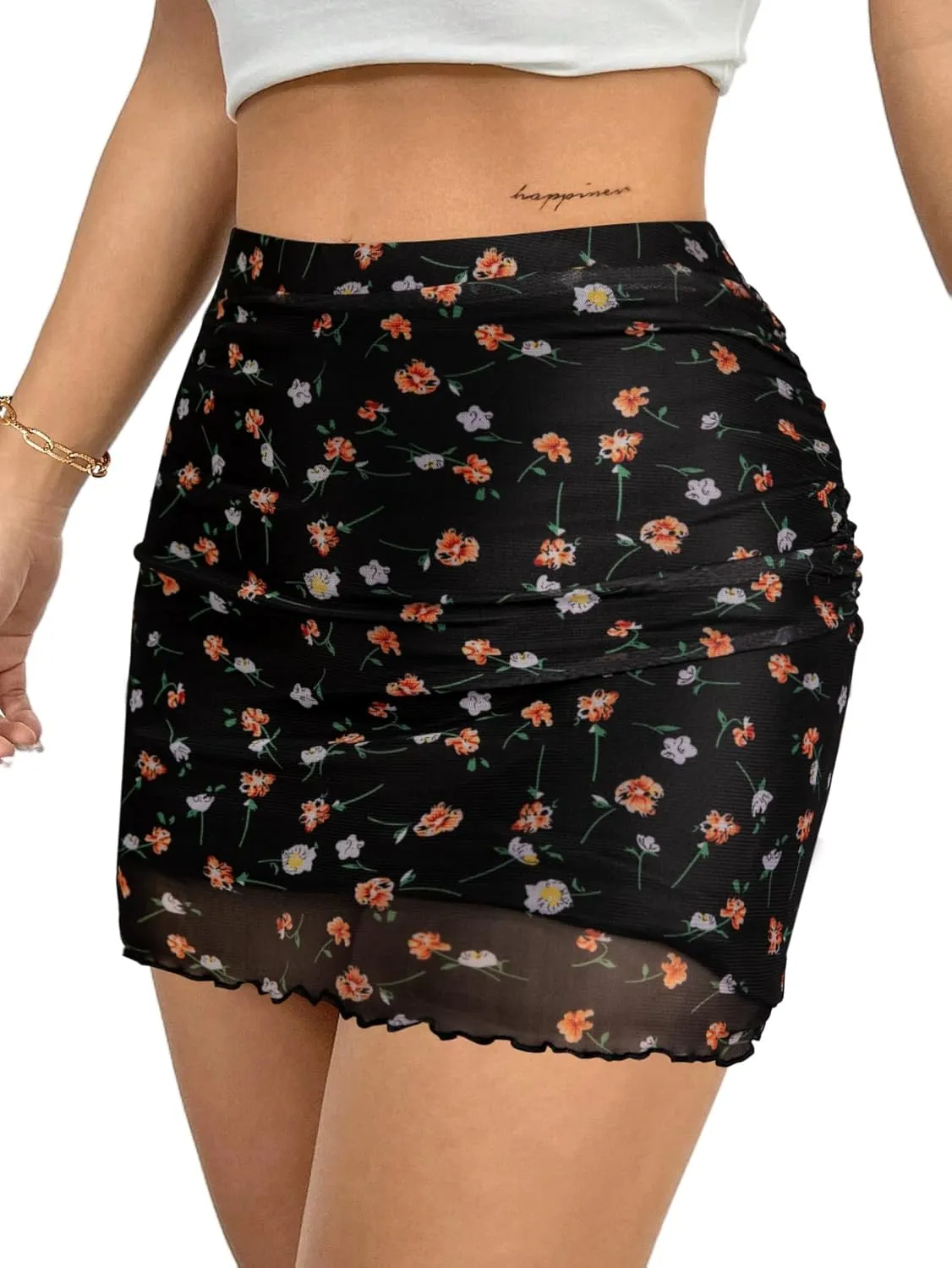 Avanova Women Mesh Bodycon Mini Skirt High Waist Ruched Summer Short Skirt