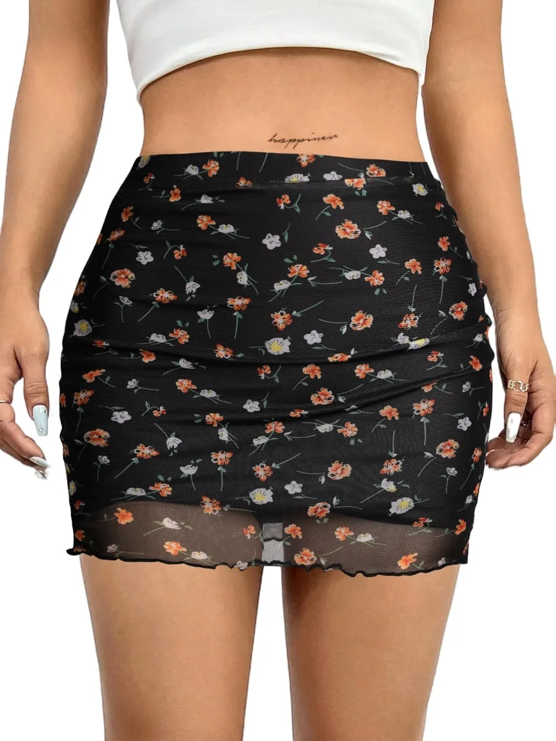 Avanova Women Mesh Bodycon Mini Skirt High Waist Ruched Summer Short Skirt