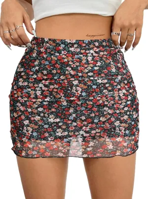 Avanova Women Mesh Bodycon Mini Skirt High Waist Ruched Summer Short Skirt