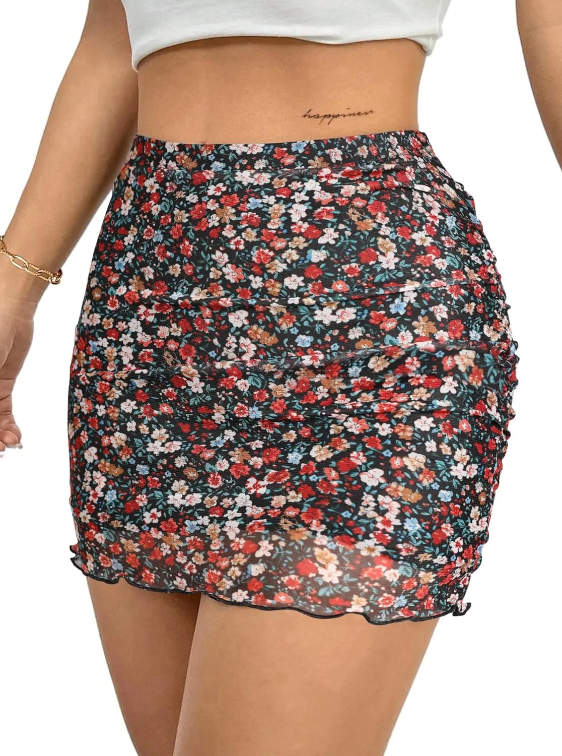Avanova Women Mesh Bodycon Mini Skirt High Waist Ruched Summer Short Skirt