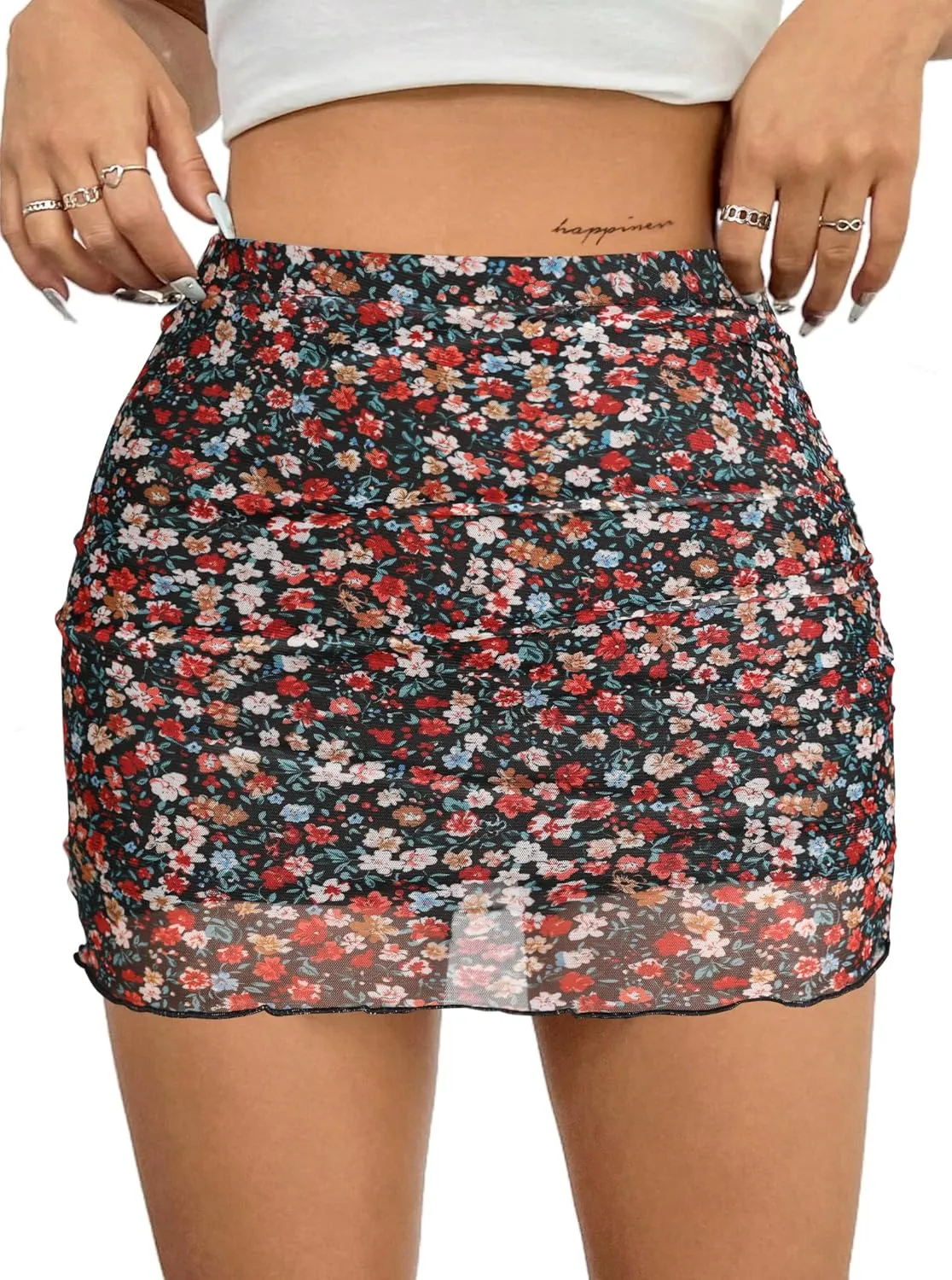 Avanova Women Mesh Bodycon Mini Skirt High Waist Ruched Summer Short Skirt