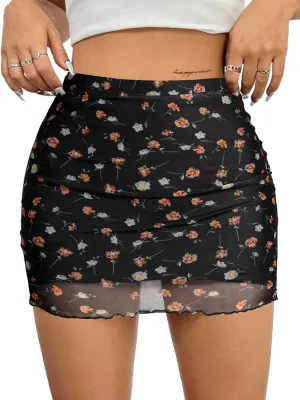 Avanova Women Mesh Bodycon Mini Skirt High Waist Ruched Summer Short Skirt