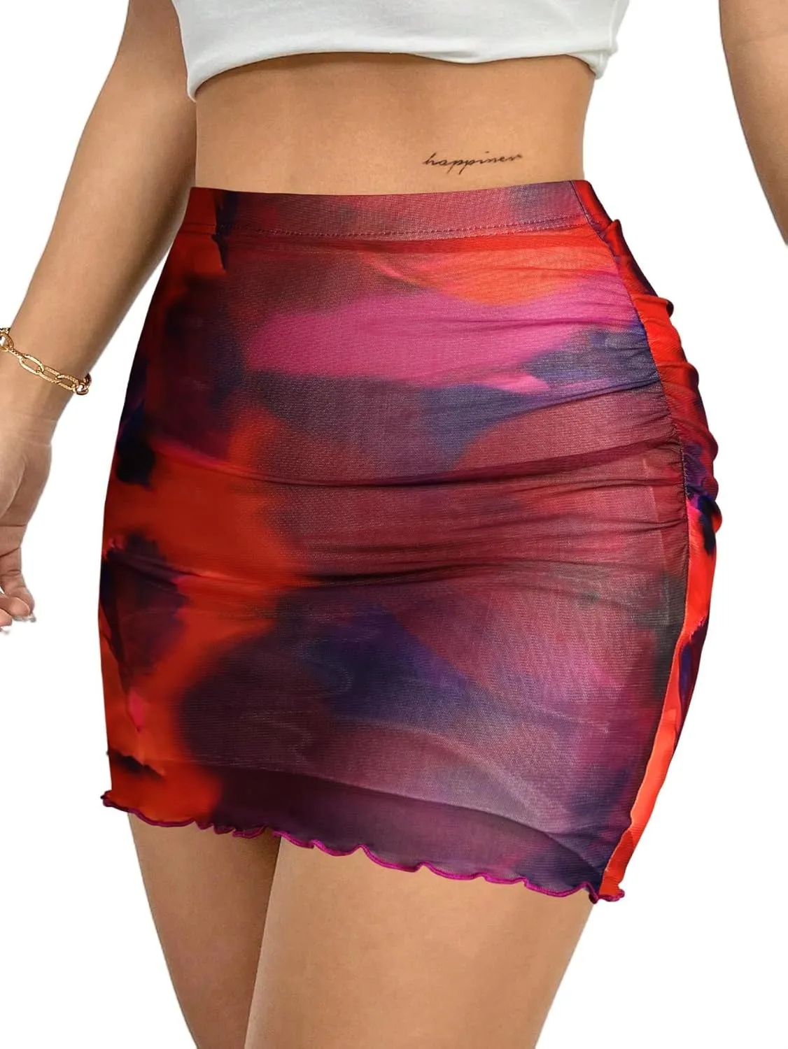 Avanova Women Mesh Bodycon Mini Skirt High Waist Ruched Summer Short Skirt