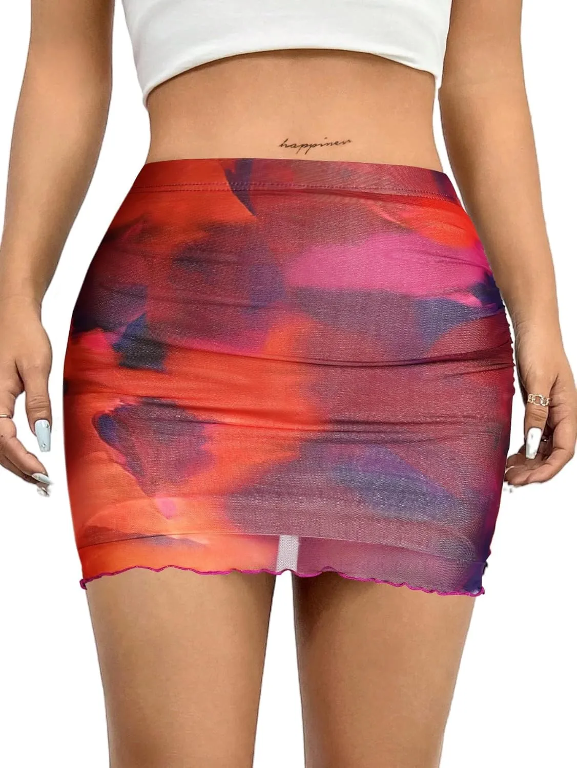 Avanova Women Mesh Bodycon Mini Skirt High Waist Ruched Summer Short Skirt