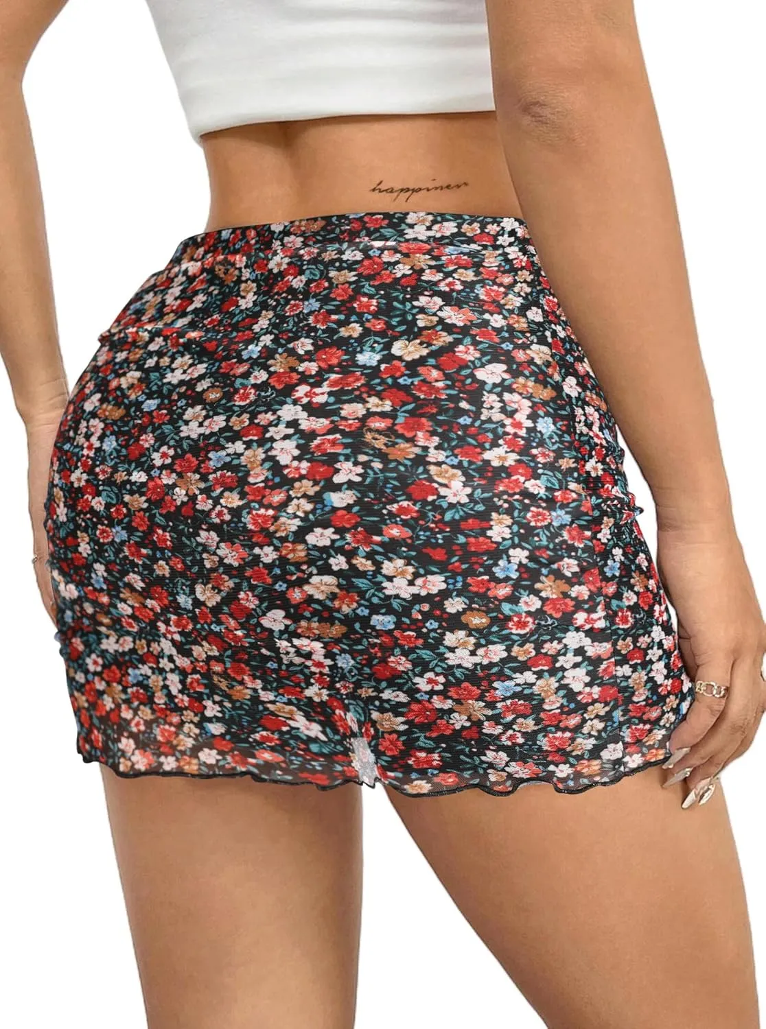 Avanova Women Mesh Bodycon Mini Skirt High Waist Ruched Summer Short Skirt
