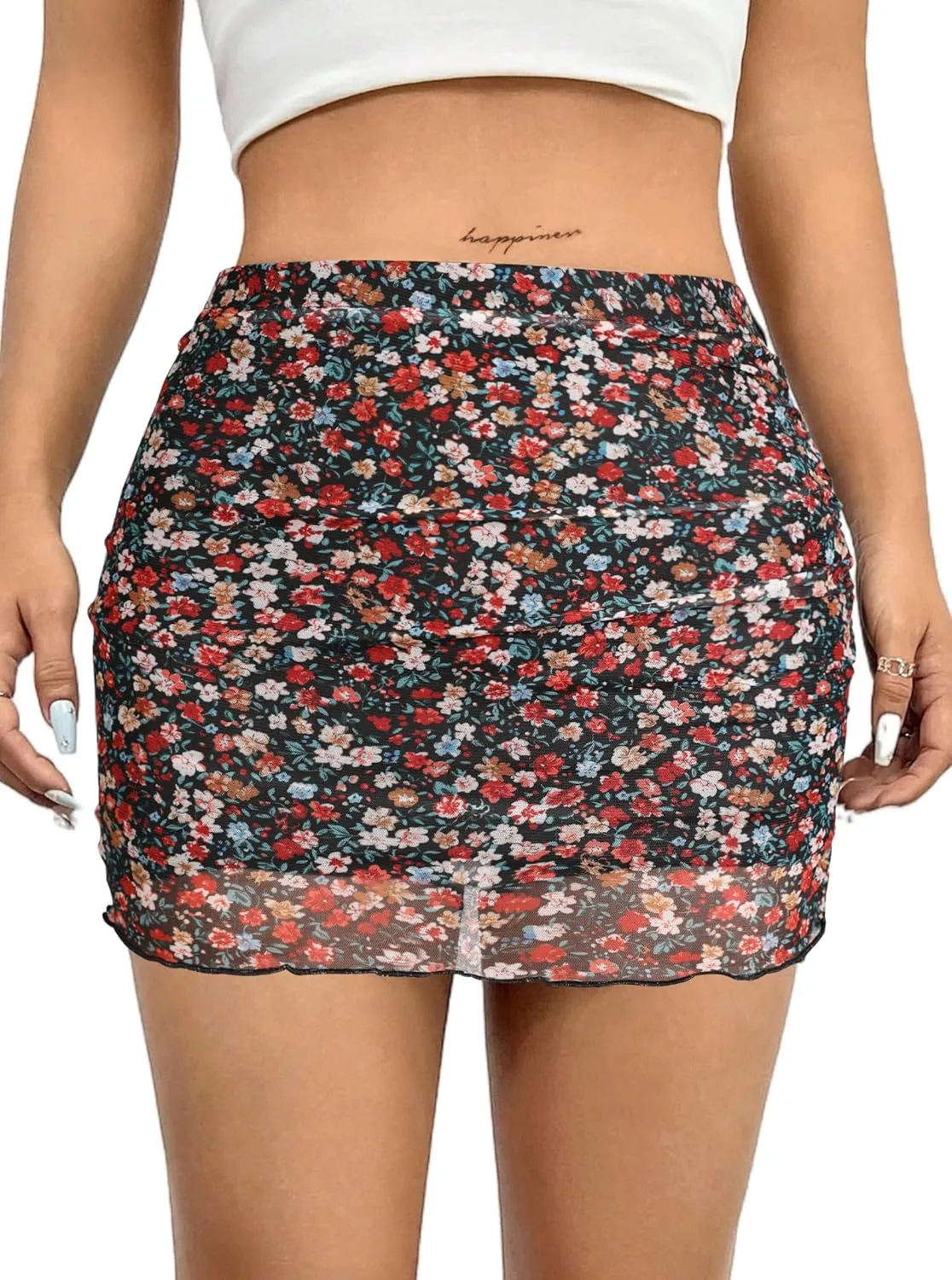 Avanova Women Mesh Bodycon Mini Skirt High Waist Ruched Summer Short Skirt