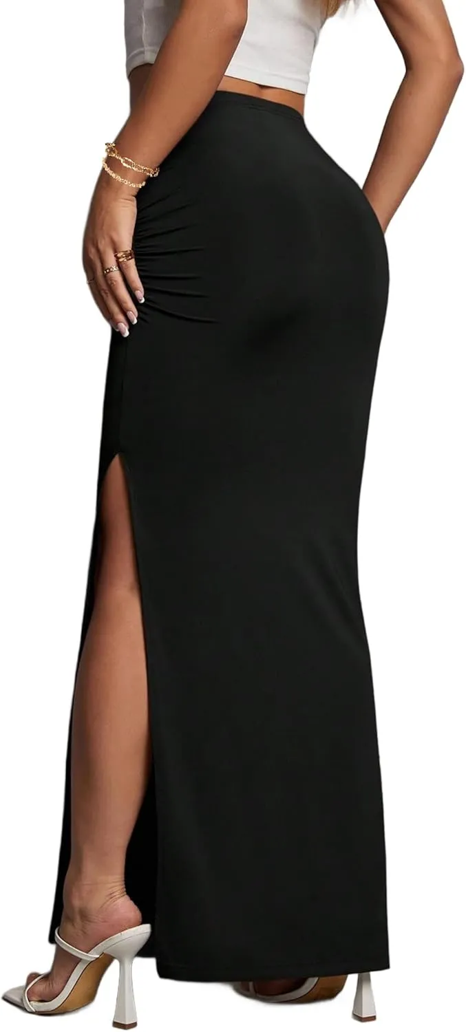Avanova Women Split Slit Thigh Ruched Maxi Skirts Low Rise Sexy Summer Long Skirts