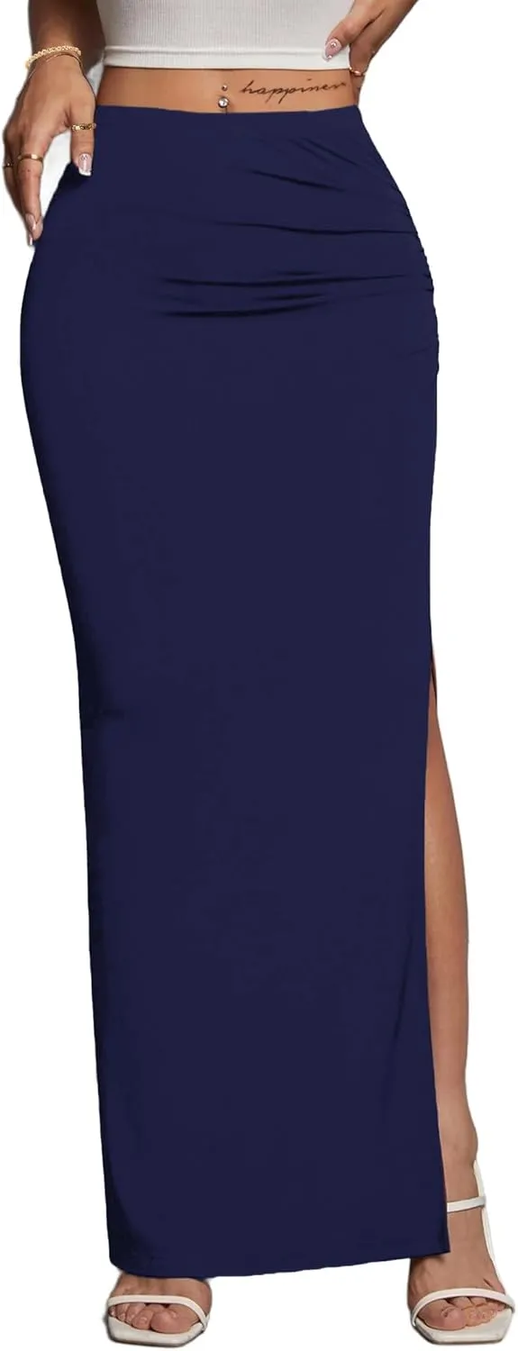 Avanova Women Split Slit Thigh Ruched Maxi Skirts Low Rise Sexy Summer Long Skirts