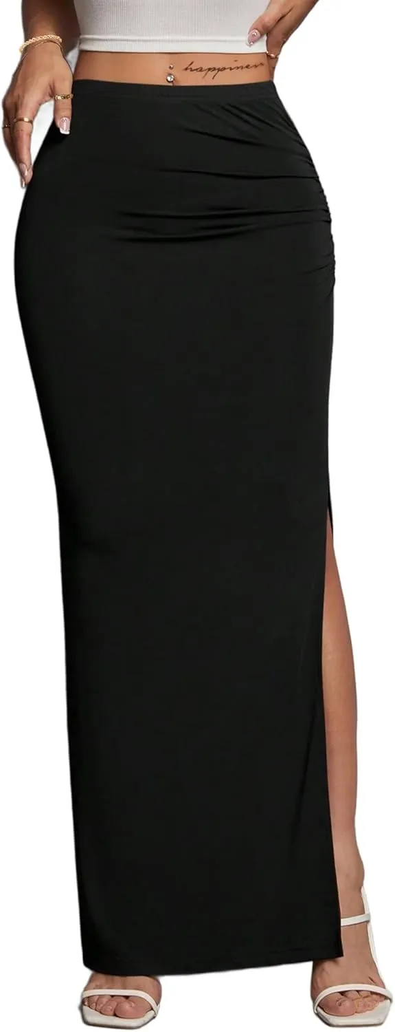 Avanova Women Split Slit Thigh Ruched Maxi Skirts Low Rise Sexy Summer Long Skirts