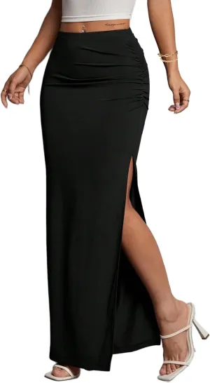 Avanova Women Split Slit Thigh Ruched Maxi Skirts Low Rise Sexy Summer Long Skirts