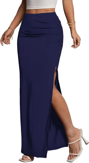 Avanova Women Split Slit Thigh Ruched Maxi Skirts Low Rise Sexy Summer Long Skirts