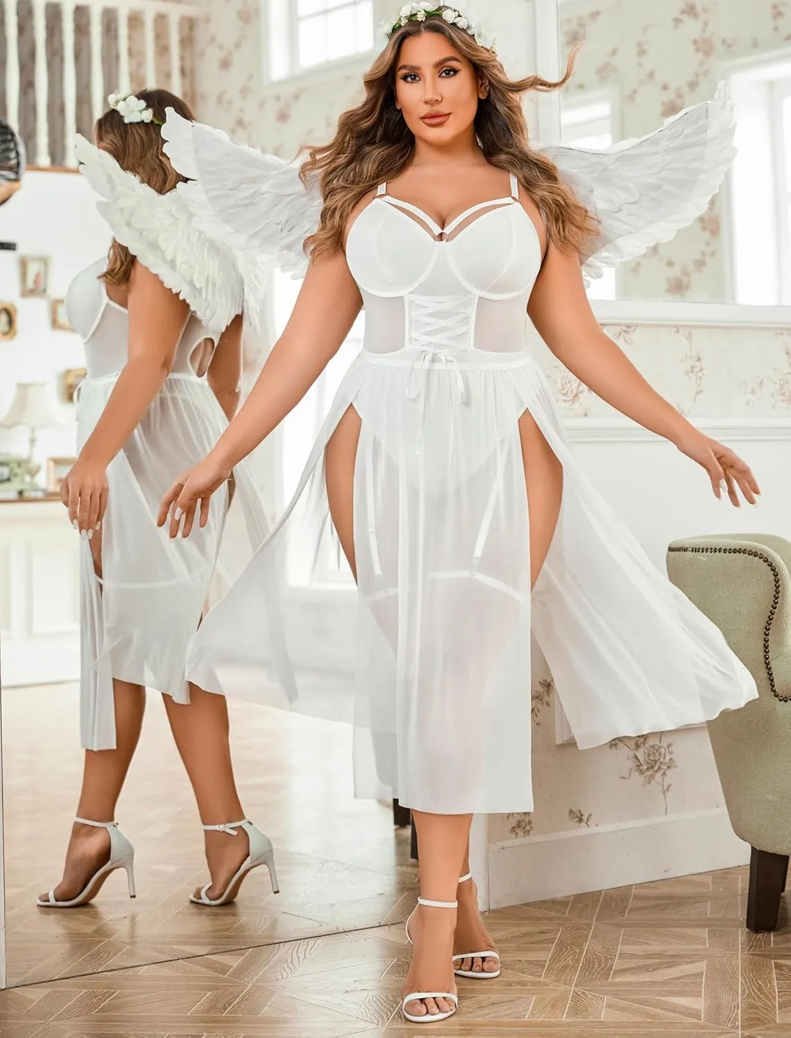 Avidlove Sexy Plus Size Lingerie Set for Women Sexy Bodysuit with High Slit dress and Garter Belt L-5XL