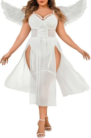 Avidlove Sexy Plus Size Lingerie Set for Women Sexy Bodysuit with High Slit dress and Garter Belt L-5XL