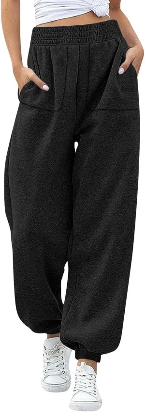 Baggy Fleece Joggers for Women Cozy Soft High Waisted Sweatpants with Pockets Elastic Waist Athletic Pants