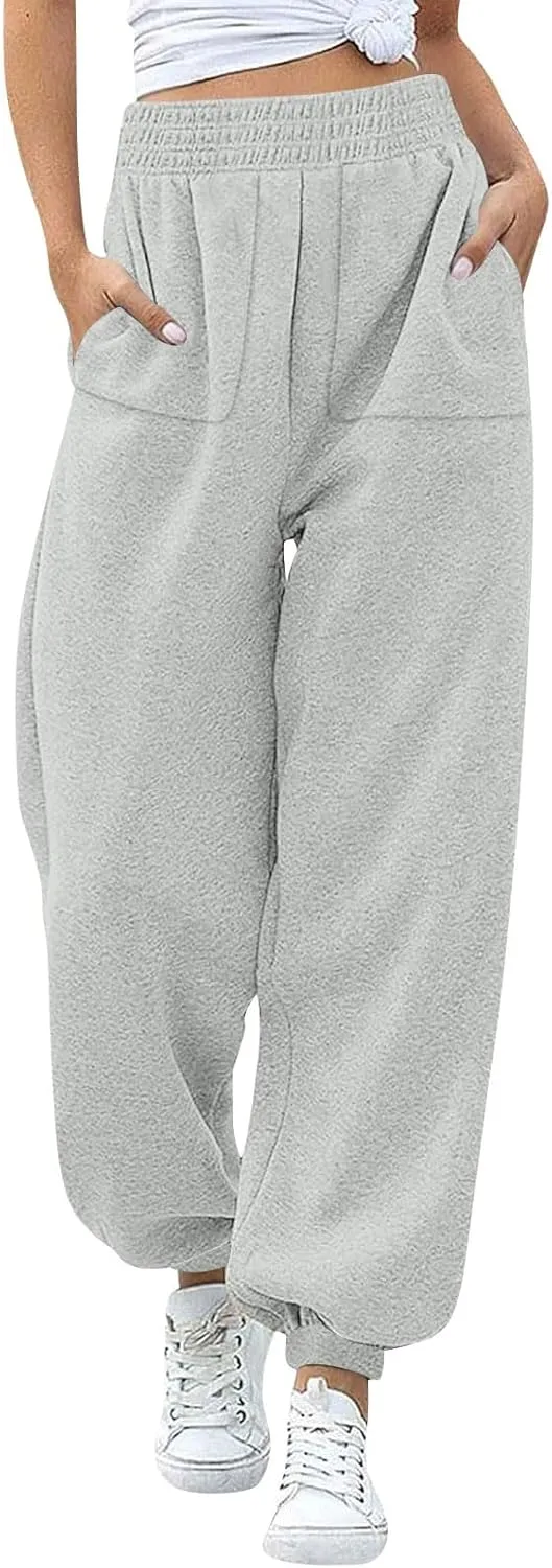 Baggy Fleece Joggers for Women Cozy Soft High Waisted Sweatpants with Pockets Elastic Waist Athletic Pants