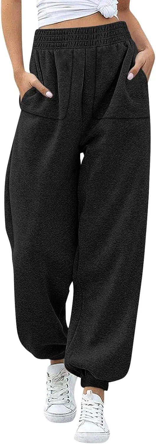 Baggy Fleece Joggers for Women Cozy Soft High Waisted Sweatpants with Pockets Elastic Waist Athletic Pants