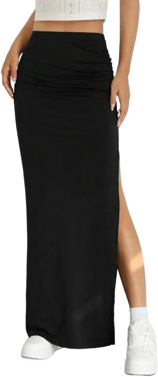 Beach Skirts Summer Solid Slit Ruched Midi Skirt
