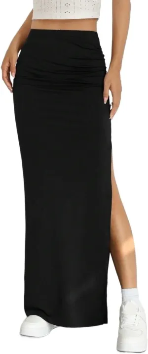 Beach Skirts Summer Solid Slit Ruched Midi Skirt