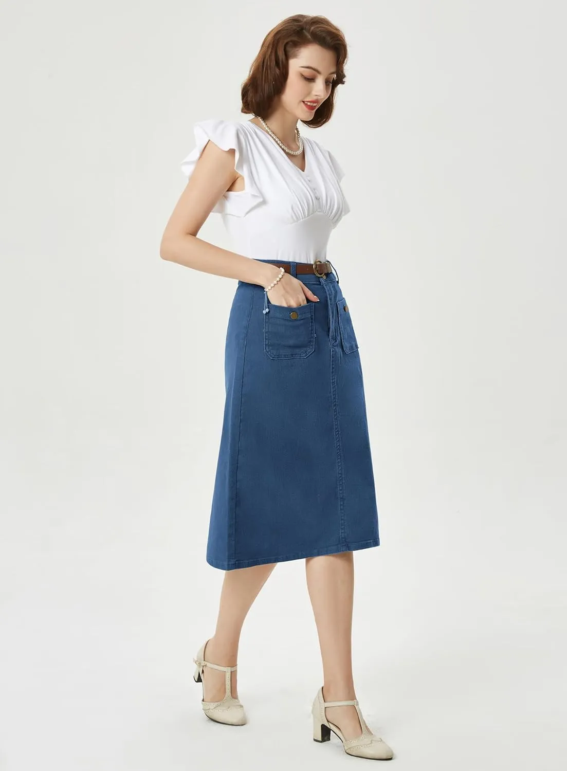 Belle Poque Denim Skirt with Belt Below Knee Length High Waisted Jean Skirts for Women