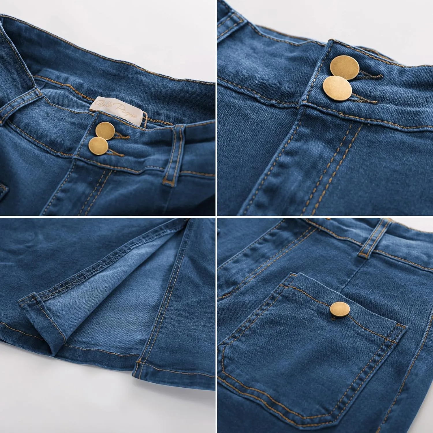 Belle Poque Denim Skirt with Belt Below Knee Length High Waisted Jean Skirts for Women