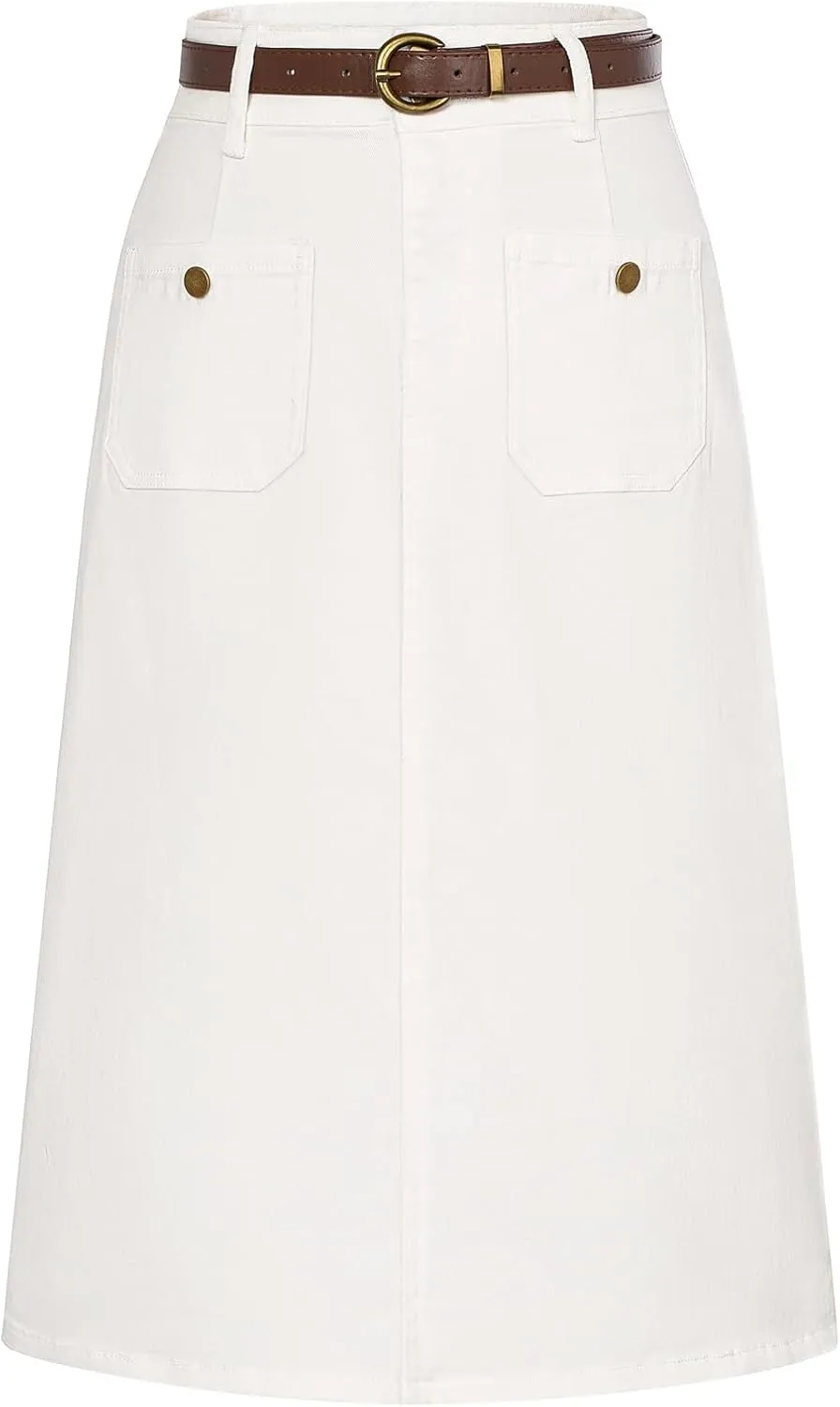 Belle Poque Denim Skirt with Belt Below Knee Length High Waisted Jean Skirts for Women