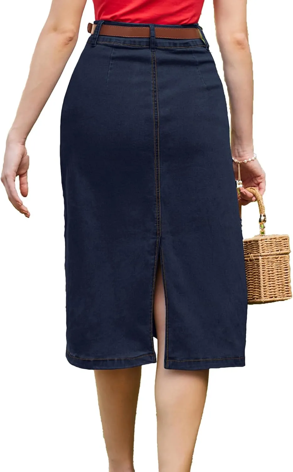 Belle Poque Denim Skirt with Belt Below Knee Length High Waisted Jean Skirts for Women