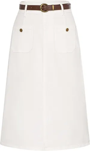 Belle Poque Denim Skirt with Belt Below Knee Length High Waisted Jean Skirts for Women