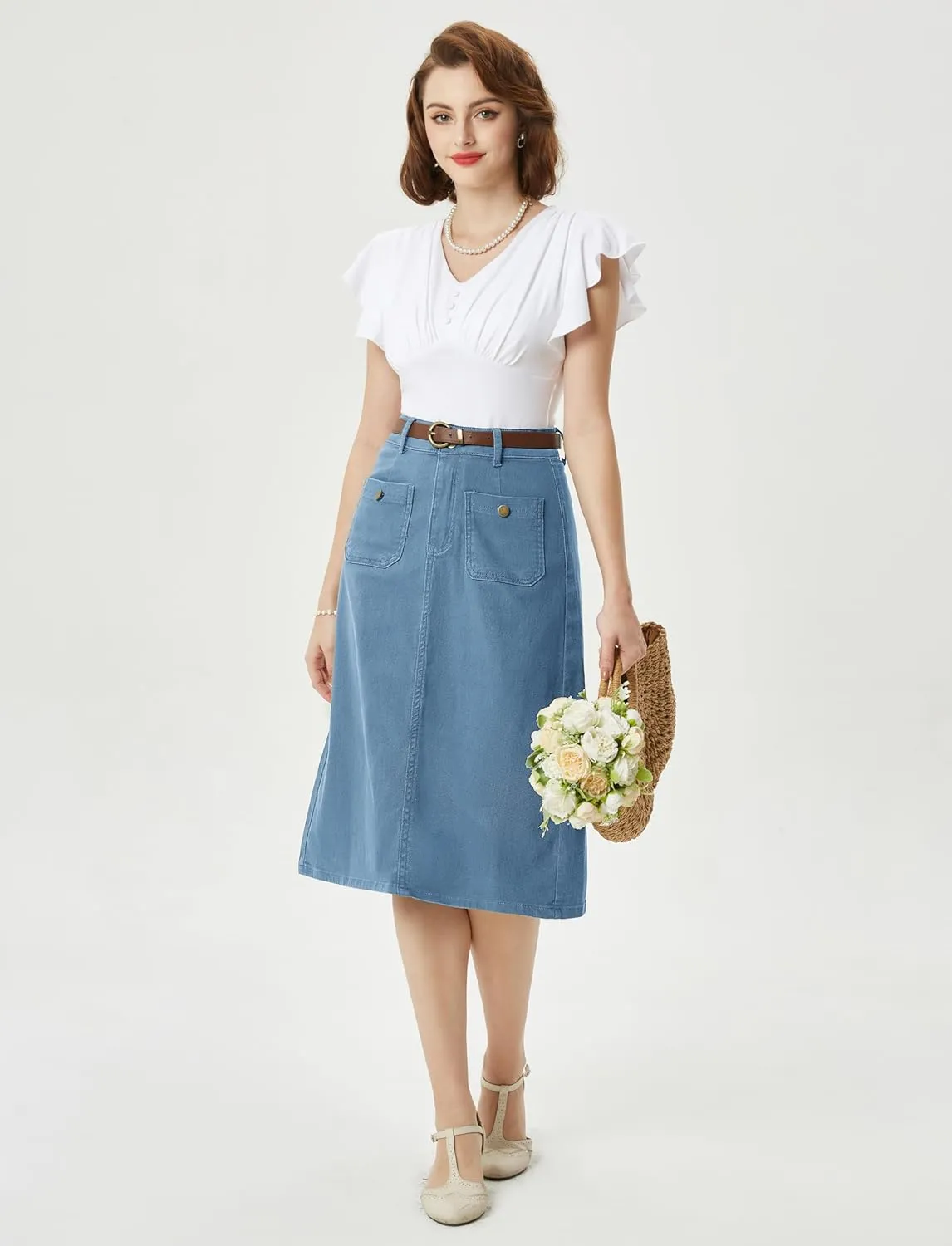 Belle Poque Denim Skirt with Belt Below Knee Length High Waisted Jean Skirts for Women