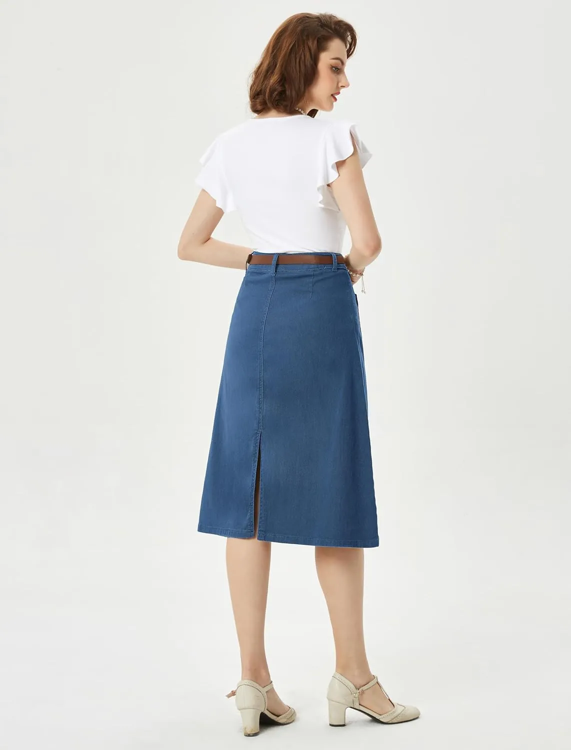 Belle Poque Denim Skirt with Belt Below Knee Length High Waisted Jean Skirts for Women