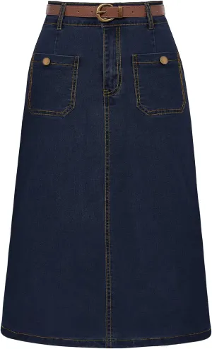 Belle Poque Denim Skirt with Belt Below Knee Length High Waisted Jean Skirts for Women