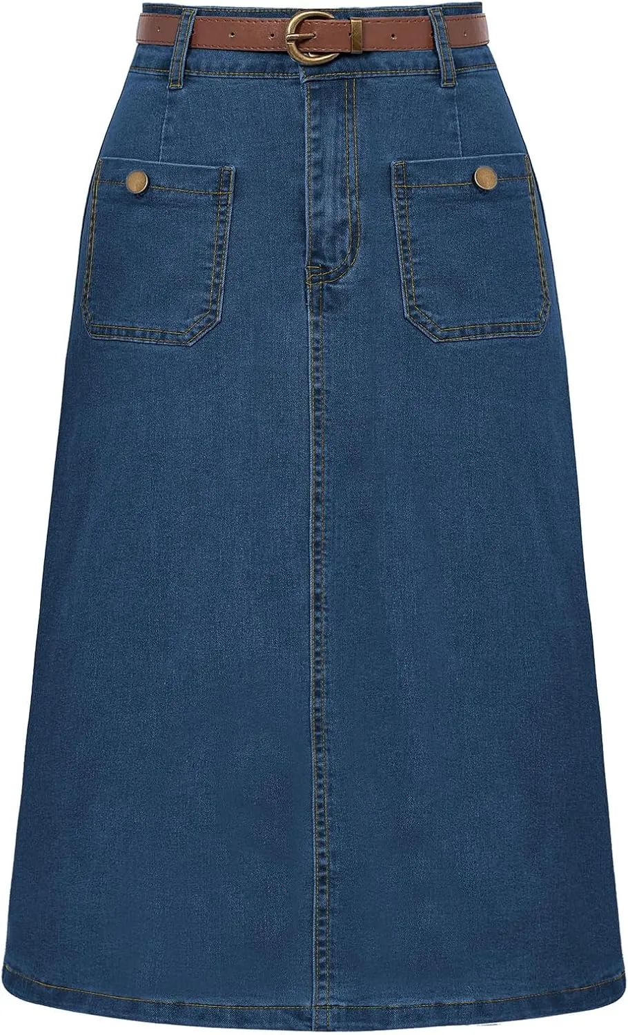 Belle Poque Denim Skirt with Belt Below Knee Length High Waisted Jean Skirts for Women