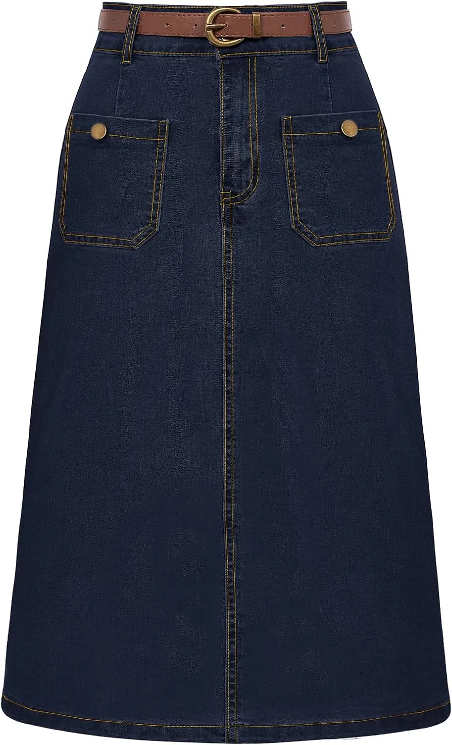 Belle Poque Denim Skirt with Belt Below Knee Length High Waisted Jean Skirts for Women