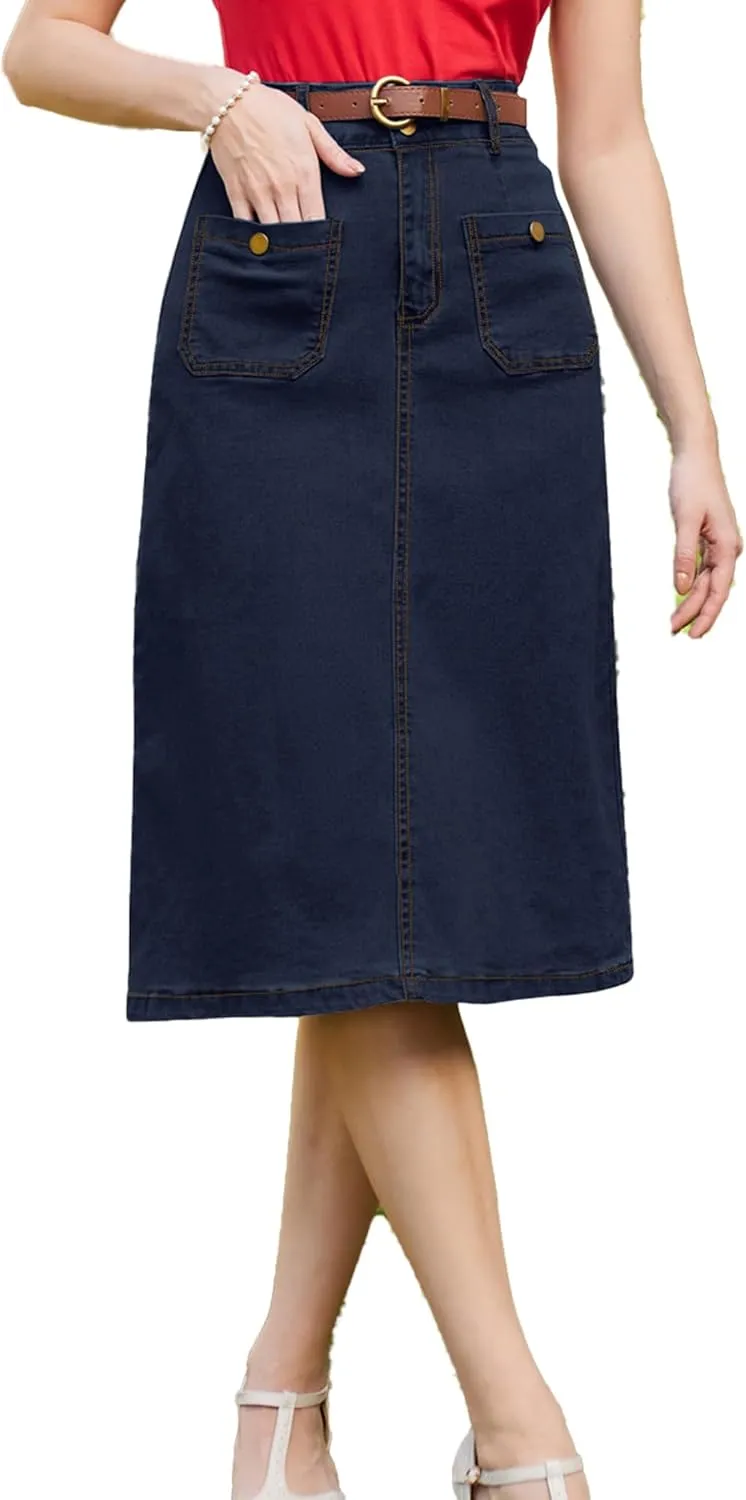 Belle Poque Denim Skirt with Belt Below Knee Length High Waisted Jean Skirts for Women