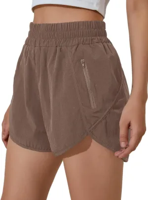 BMJL Women's Running Shorts Elastic High Waisted Shorts Pocket Sporty Workout Shorts Quick Dry Athletic Shorts Pants(L,Brown)