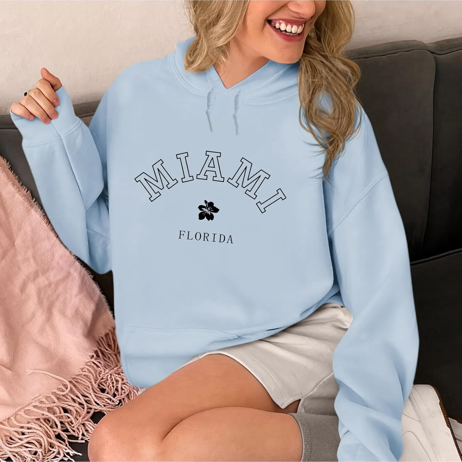 Bobeutou Oversized Letter Graphic Print Hoodies for Women Miami Florida Sweatshirt Preppy Trendy Fleece Pocket Pullover Top