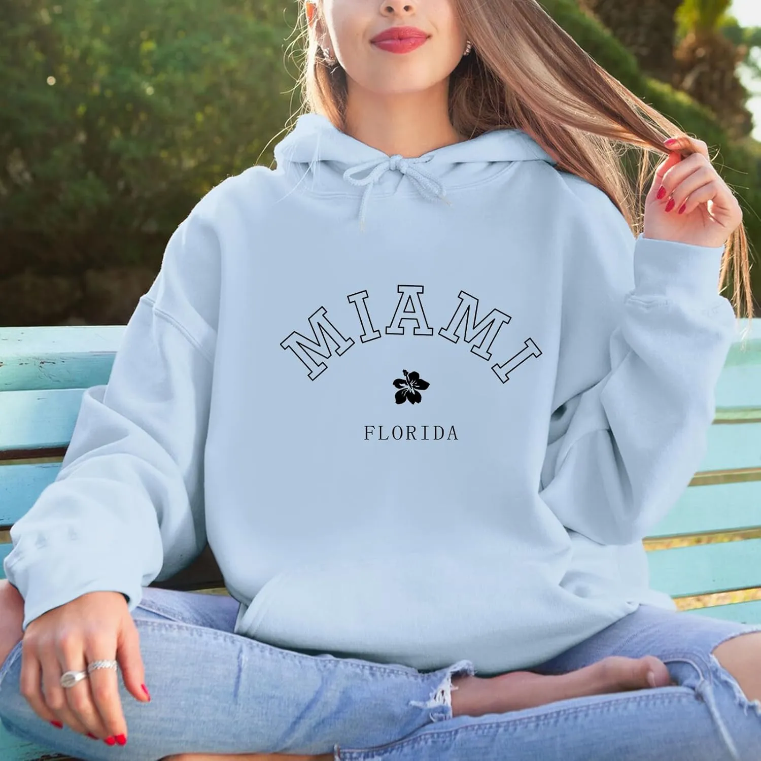Bobeutou Oversized Letter Graphic Print Hoodies for Women Miami Florida Sweatshirt Preppy Trendy Fleece Pocket Pullover Top