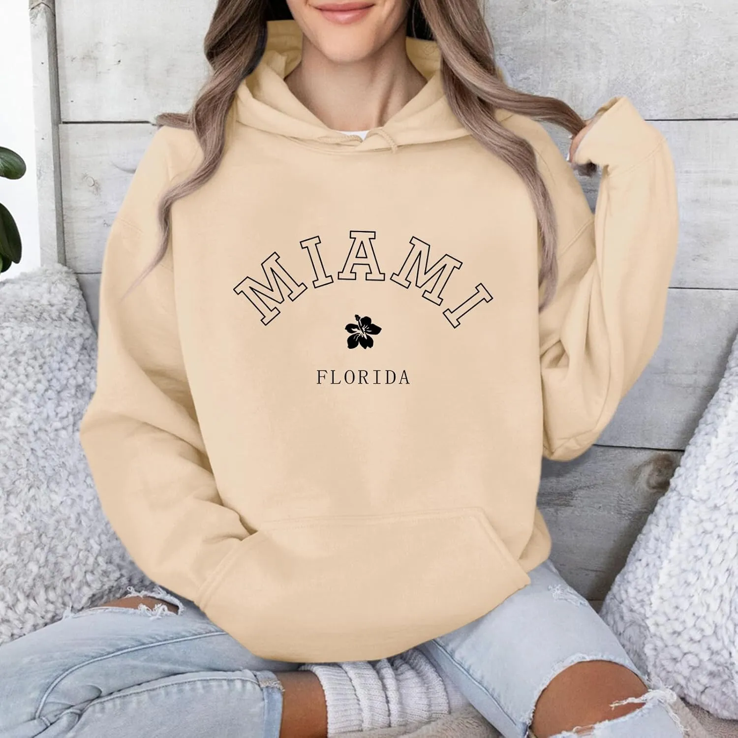 Bobeutou Oversized Letter Graphic Print Hoodies for Women Miami Florida Sweatshirt Preppy Trendy Fleece Pocket Pullover Top