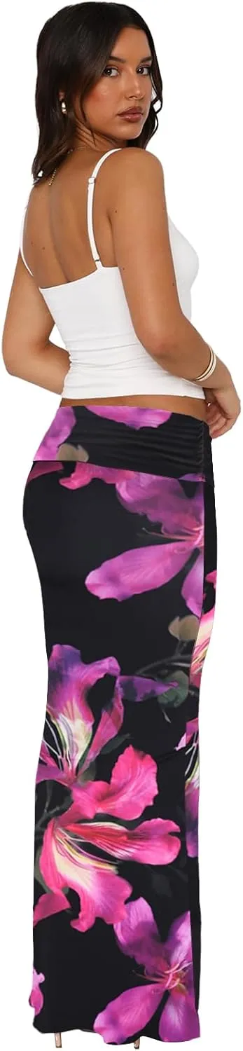 Bodycon Maxi Skirts for Women, Foldover High Waist Floral Leopard Cheetah Print Sexy Club Long Y2k Skirt