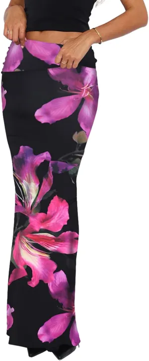 Bodycon Maxi Skirts for Women, Foldover High Waist Floral Leopard Cheetah Print Sexy Club Long Y2k Skirt