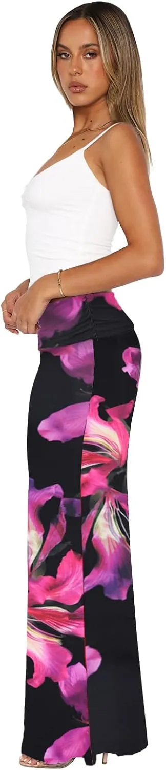 Bodycon Maxi Skirts for Women, Foldover High Waist Floral Leopard Cheetah Print Sexy Club Long Y2k Skirt