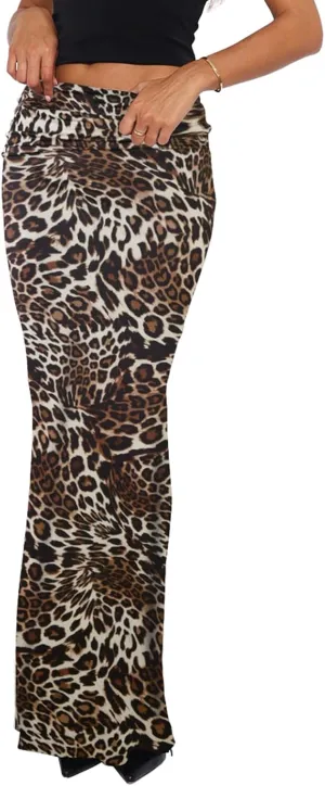 Bodycon Maxi Skirts for Women, Foldover High Waist Floral Leopard Cheetah Print Sexy Club Long Y2k Skirt