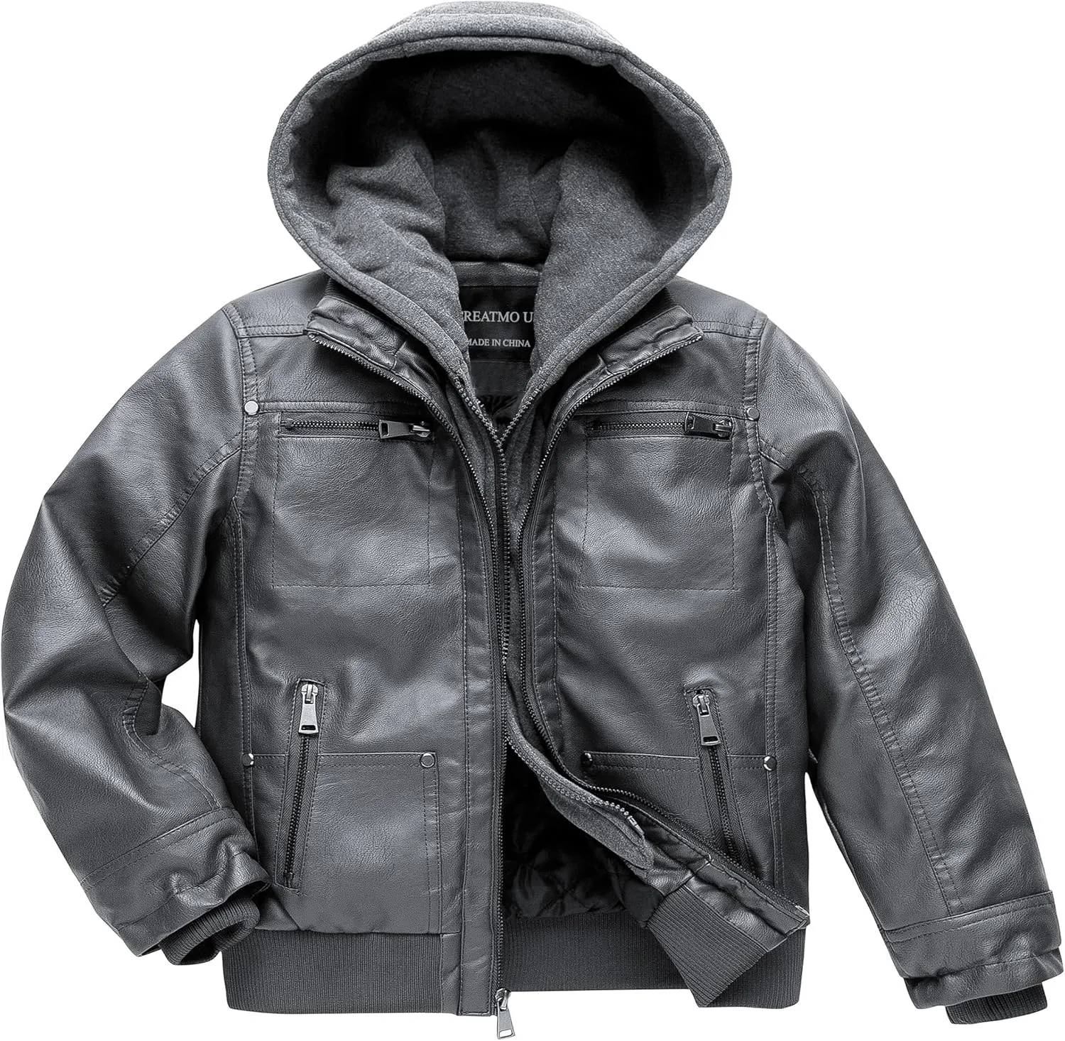 Boy's Faux Leather Jacket Windproof Warm Winter Coat Kids Bomber Outerwear Waterproof PU Motorcycle Jacket
