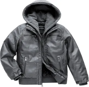 Boy's Faux Leather Jacket Windproof Warm Winter Coat Kids Bomber Outerwear Waterproof PU Motorcycle Jacket