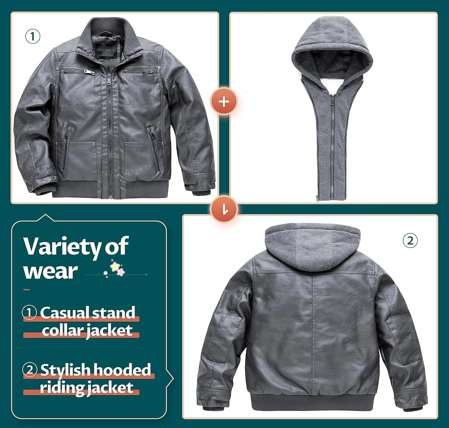 Boy's Faux Leather Jacket Windproof Warm Winter Coat Kids Bomber Outerwear Waterproof PU Motorcycle Jacket