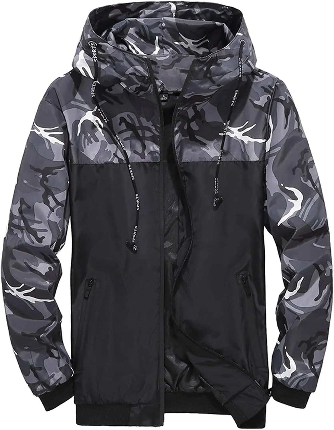 Camouflage Windbreaker Jacket for Men Colorblock Hooded Wind Jackets Slim Fit Casual Lightweight Jackets Rain Coats