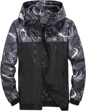 Camouflage Windbreaker Jacket for Men Colorblock Hooded Wind Jackets Slim Fit Casual Lightweight Jackets Rain Coats