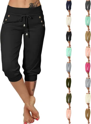 Capri Pants for Women Drawstring High Waisted Lightweight Hiking Joggers Workout Capris Yoga Sweatpants with Pockets