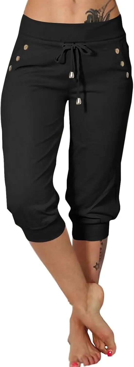 Capri Pants for Women Drawstring High Waisted Lightweight Hiking Joggers Workout Capris Yoga Sweatpants with Pockets