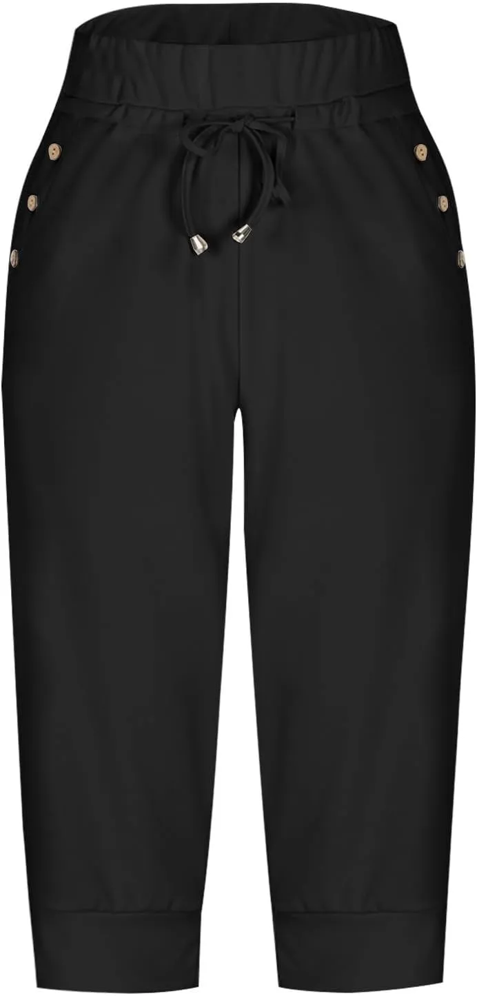 Capri Pants for Women Drawstring High Waisted Lightweight Hiking Joggers Workout Capris Yoga Sweatpants with Pockets